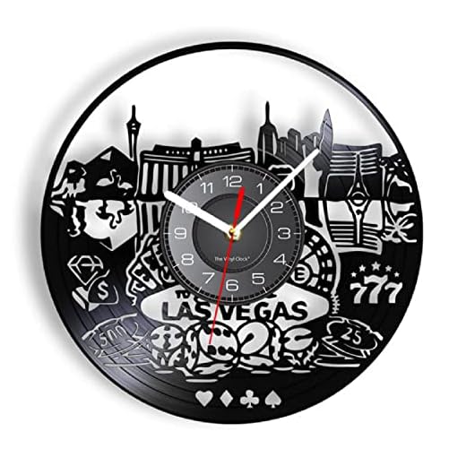 LWXJK Las Vegas Landskap vinylskiva konst kasino väggklocka staden Nevada USA stadsbild hem kontor spelande dekor retro klocka