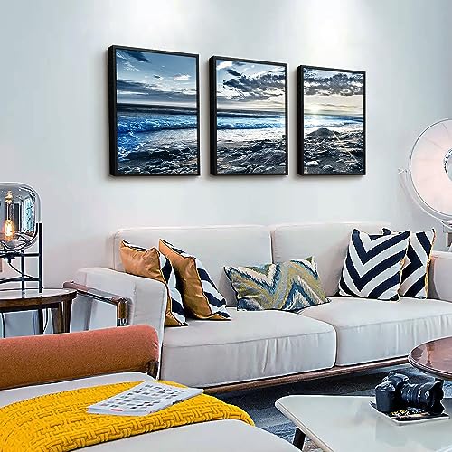 Black Framed Canvas Wall Art For Living Room Wall Decor For Bedroom Blue Beach Seascape Wall Pictures Ocean Landscape Paintings Artwork Office Decor Poster Prints Home Decoration 3 Piece Framed Art
