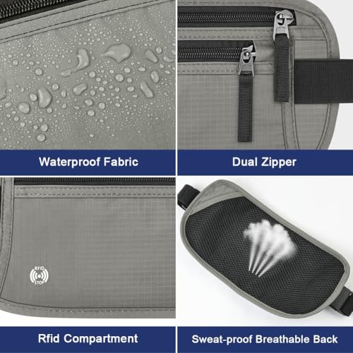 Aucuu Geldgürtel für Damen und Herren, Diebstahlsicher Flache Bauchtasche mit RFID-Schutz, Ultraflach Versteckte Geldgürtel, Reise Bauchtasche für Reise Sport, Passt für Reisepass, Telefon und Bargeld