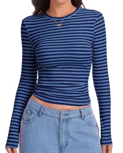 Eyanse Long Sleeve Shirts for Women Striped Tops Blue and Black Ribbed Shirt Womens...