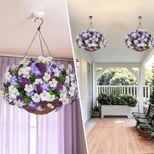 Image of 2 Set Artificial Hanging Flowers with Basket for Outdoor Decor, 24 Pcs Silk Petunias Fake Plants for Porch Garden Patio Balcony Yard Home Decoration