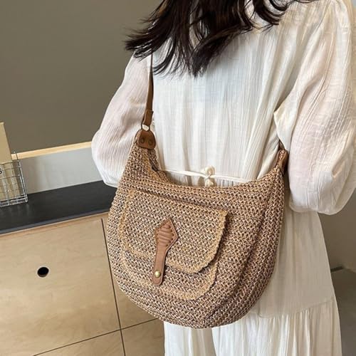 Straw Paper Beach Bag Summer Weaving Zipper Tote Shoulder Handbag Rattan Hand-woven Travel Satchel Bag for Travel Holiday4