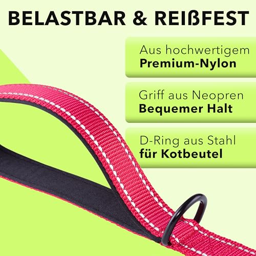 AVANA Hundeleine mit integriertem Kurzführer reflektierende Leine | 2 handschonende gepolsterte Handschlaufen | 1,5 Meter Führleine für große und mittelgroße Hunde - Rot