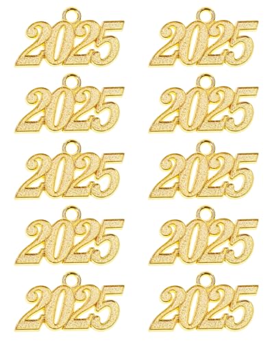 Tupalizy 32x18mm Alloy 2025 Year Charms Graduation Decor 2025 Signet Charms Pendant for Tassel Keychains Bracelets Necklaces Earring Jewelry Making Accessory DIY Crafts Wedding Party Supplies 10PCS (Gold)