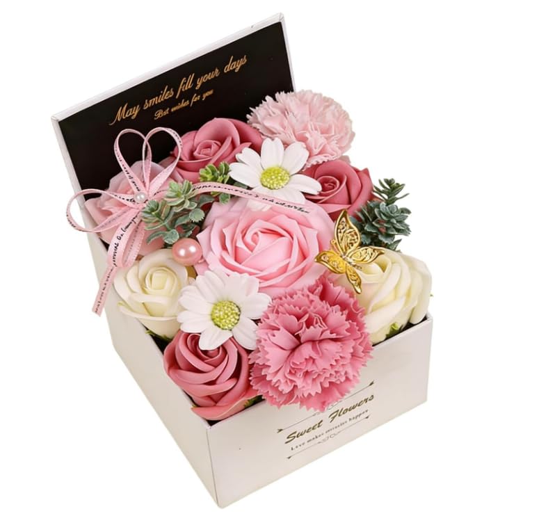 COONE Caja de flores cuadrada rosa con hermosas rosas, elegante arreglo floral artificial para decoración de mesa del hogar y centro de mesa de boda, larga duración para madre, novia y esposa (rosa)