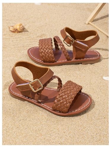 GORGLITTER Girl's Leather Ankle Strap Flat Sandals Dressy Braided Round Open Toe Summer Vacation Beach Cute Sandals 20254
