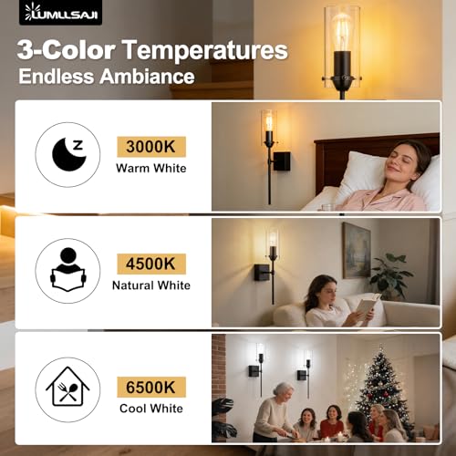 Image of Battery Operated Wall Sconce Glass Wireless Sconce Set of 2 Black | Wall Sconces Rechargeable with Remote Control Dimmable Wall Light for Bedroom Living Room Hallway Entryway, 3000-6500K