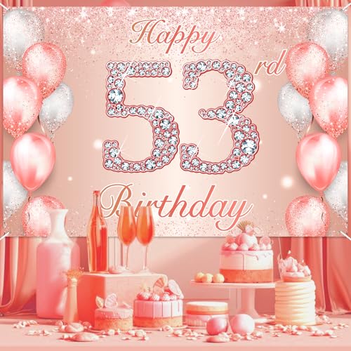 Image of Happy 53rd Birthday Rose Gold Banner Cheers to 53 Years Old Backdrop Confetti Balloons Theme Decor for Women 53 Years Old Pink Birthday Party Decorations Bday Supplies Background Favors Gift Glitter