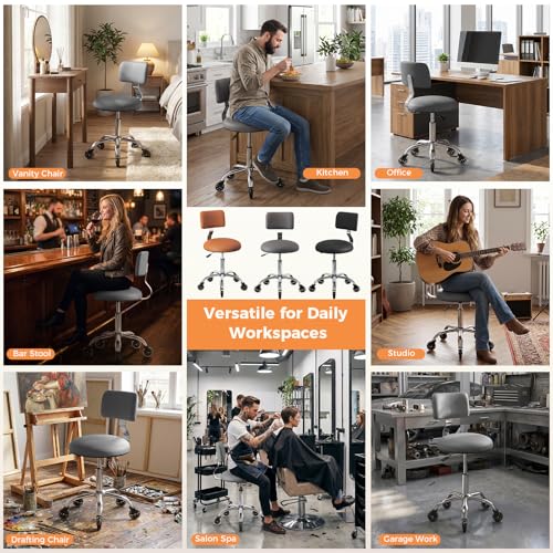 Image of Rolling Stool Chair with Wheels, Office Drafting Chair with Back Support, Height Adjustable Standing Desk Stool with PU Leather Cushion for Home Office Kitchen Vanity Salon Garage Tattoo Dentist, Grey