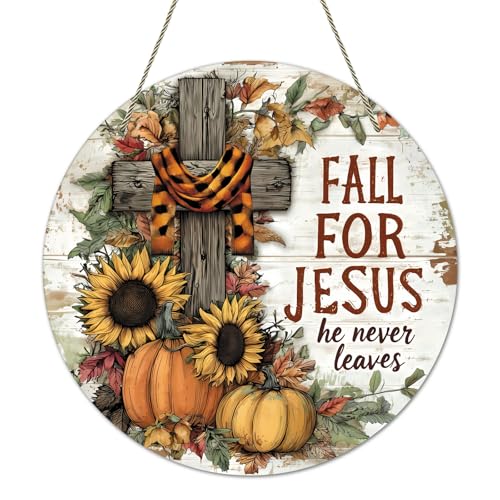 JUESMOS Fall for Jesus He Never Leaves Sign 11.3" Religious Fall Front Door Decor Cross Pumpkin Sunflower Farmhouse Wreaths for Front Door Decor Christian Jesus Hanger Signs for Autumn Thanksgiving