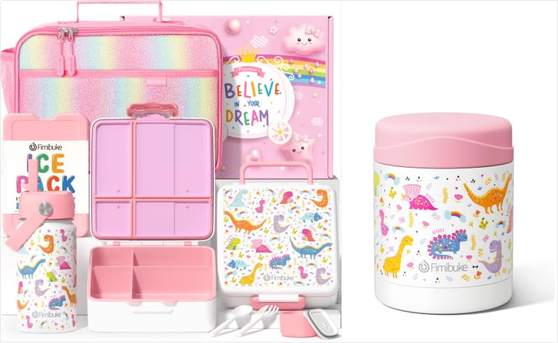 Fimibuke Kids Bento Lunch Box Set with 4 Compartments, Insulated lunch Bag, Stainless Steel Insulated Water Bottle, Ice Pack & Utensils + 12 OZ Insulated Kids Food Jar for School Toddler Girls Boys