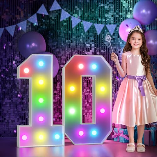 Image of Imprsv Colorful 3FT Marquee Numbers Light up Numbers 10 Birthday Decoration | RGB with Remote, Party Decorations Anniversary Wedding Decorations Assembly Required Foam Board 38 Pcs Accessory Set