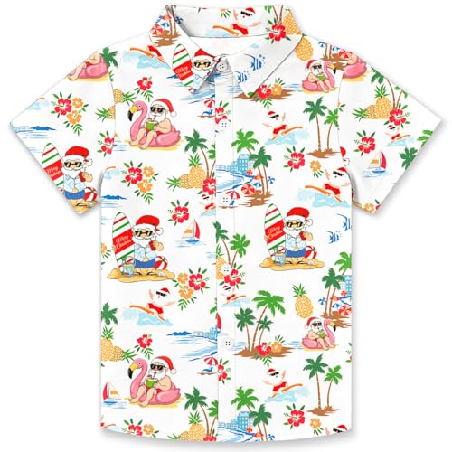 Christmas in July Shirt for Kids Hawaiian Xmas Button Down Tshirt Boys Girls Ugly Santa Claus Short Sleeve Tops White