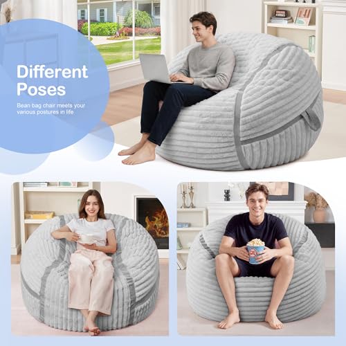 Image of 3FT Bean Bag Chair 3'Big Bean Bag Chairs with Adults, Large Beanbag Chair | Bean bags with Machine Washable Cover Corded Plush Fabric, Comfy Chairs for Living Room, Bedroom, Dorm, Lightgrey