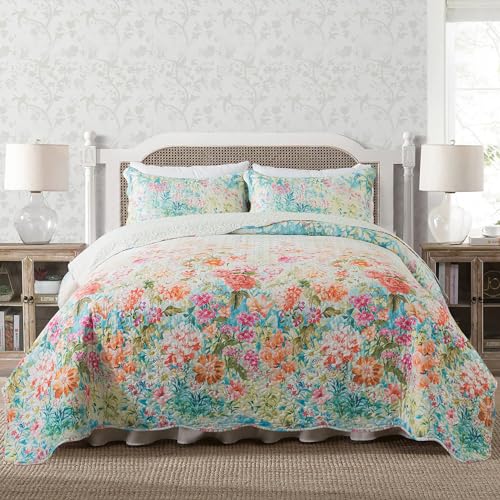 NEWLAKE Quilt Bedspread Sets- Dreamy Flowers Reversible Coverlet Set,Queen Size