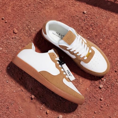 Image of HXV Women Fashion Sneakers Casual Tennis Shoes Retro Trendy Low Top Lace-Up Breathable Non Slip Lightweight Comfortable Zero Drop Cute Flat Walking Shoes