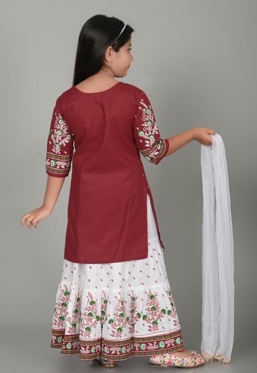 Image of Girls Cotton Anarkali Kurta Skirt with Dupatta Set, Embellished Three Quarter Sleeve Ethnic Outfit