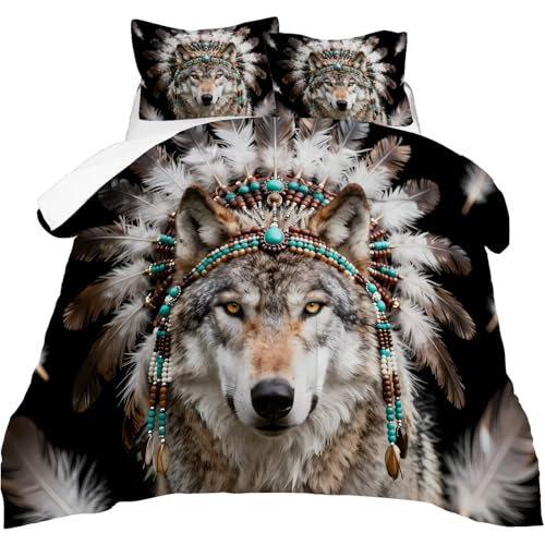 Image of 3D Wolf Comforter Set Queen Size Wildlife Animal Bedding Sets for Kids Adults Boys Girls Bedroom Black Brown Tribal Feather Quilt 1 Comforter 2 Pillowcases