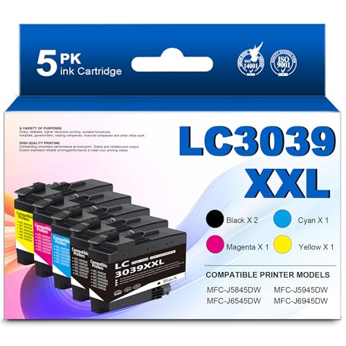 LC3039 LC3039XXL (5Pack, BK/C/M/Y) Ultra High Yield Ink Cartridges Replacement for Brother LC3037 XXL LC3039 Work for MFC-J5945DW MFC-J6945DW MFC-J6545DW MFC-J5845DW Printer