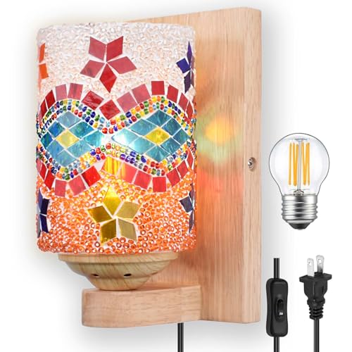Image of Bedside Colored Mosaic Glass Wall Sconce, Handmade Mediterranean Bohemian Turkish Moroccan Wall Lamp Stained Glass Wall Light Fixtures for Bedroom Living Room Hallway Vanity Corridor Bulb Included