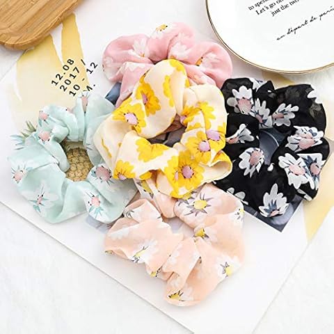 Lynmerry 5Pcs Daisy Flower Pattern Hair Bow Chiffon Ponytail Holder, Colorful Hair Scrunchy Bobbles Soft Hair Bands Ties Headband Cover