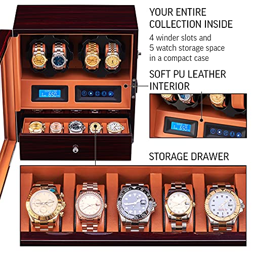 Image of 4 Watch Winder with 5 Watch Storage Space, LCD Display, Touch Control and Interior Light
