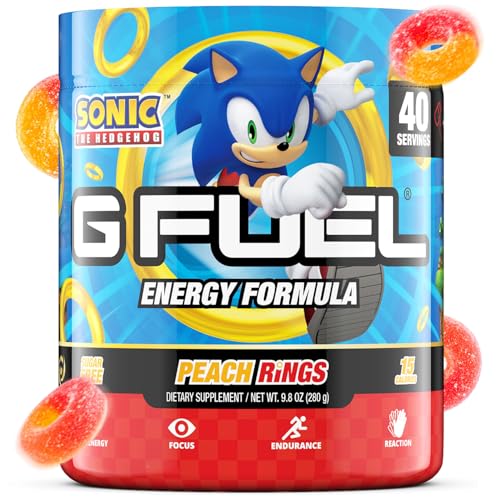 G Fuel Sonic Energy Drink Powder, Pre Workout Caffeine Mix for Gaming, Sugar Free Focus Amino, Vitamin + Antioxidants, 9.8oz (Peach Ring Candy, 40 Servings)