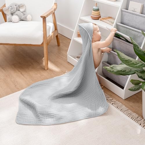 Image of Comfy Cubs Hooded Baby Towel 1-Pack, Large 32 x 32 Inch - 6 Layer 100% Muslin Cotton for Babies, Toddlers and Kids - Soft & Absorbent Baby Bath Towels - Unisex Design for Bath Time - Heather Blue