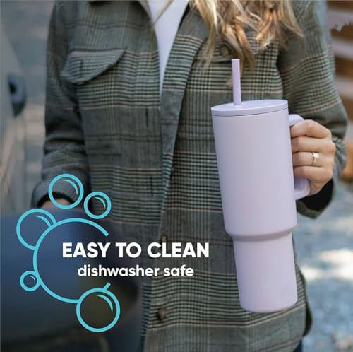 Image of 1200ml Stainless Steel Tumbler with Handle, Lid & Straw, Double Wall Insulated Travel Mug for Hot & Cold Drinks, Leakproof Large Capacity Cup for Office, Gym & Car Holder (Purple)