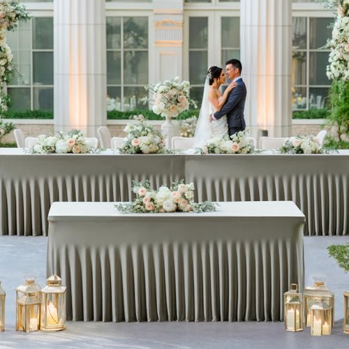 Image of Besutolife Rectangle Table Skirt Black Stretch Tablecloth One-Piece Wrinkle-Resistant Ruffles Design Perfect for Banquets Parties Wedding Dining Table (Grey, 6ft)