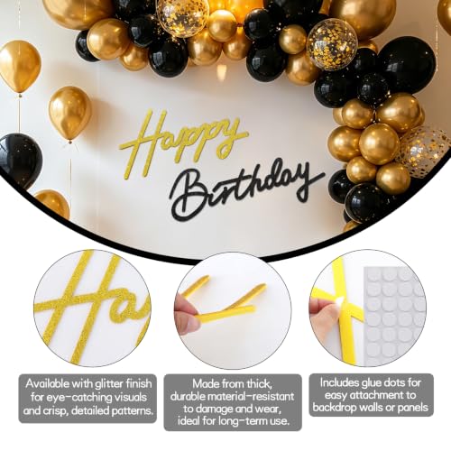 Image of TONIFUL Happy Birthday Sign for Backdrop - Glitter Black Gold Felt Banner - Includes Dot Glue - Perfect for Birthday Party Backdrop,Wall Decr,Balloon Arch,Photo Background
