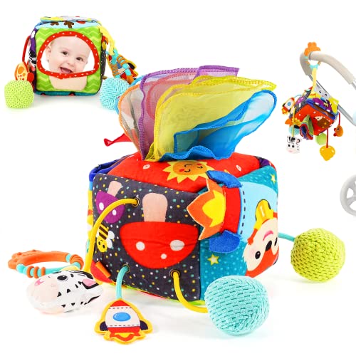 Image of Lolyer Baby Toys for 6-12 Months - Toy for Babies 6-12 Months, Sensory Tissue Box Toy with Rattle & Mirror and Squeaker, Early Learning Toys Baby Boy Girl Gift