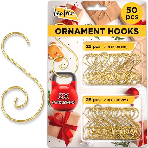 Leafeon 50 Pack S-Shaped Christmas Ornament Hooks for Christmas Tree Decoration – The Best Holiday S-Shaped Xmas Ornament Hangers (Gold)