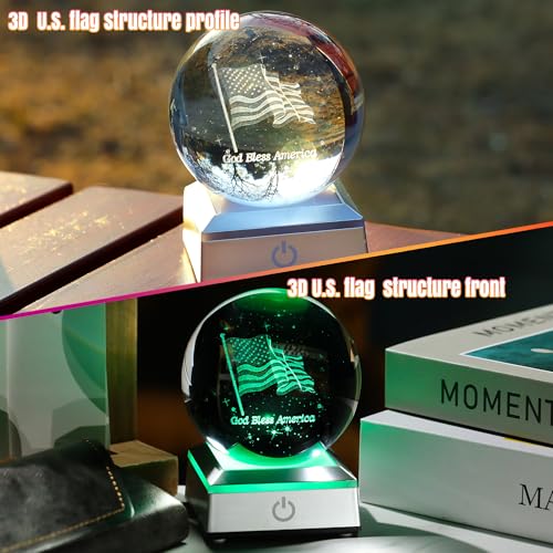 Image of Ornalrist 3D Crystal Ball Engraved American Flag Gifts for Men, Women, Him Father - Crystal Ball Engraved USA Flag & God Bless America Text 3.15in with Colorful LED Light Base Home Decor