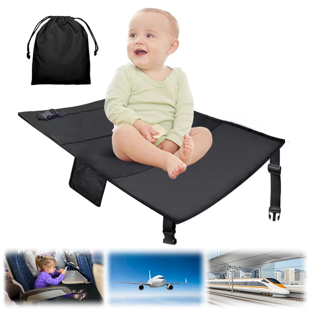 Reposapiés de Avión para Niños, Reposapiés Plegable para vuelo, Extensores de Asientos para Aviones, Cama De Viaje Portátil Para Niños Pequeños Para Vuelo Viajes, 79x44cm (Negro)