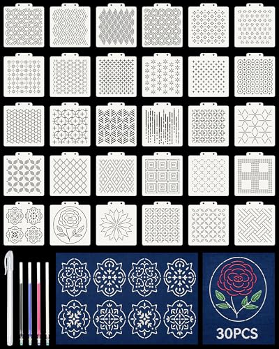 FIVEIZERO 30PCS Sashiko Stencils Kit-4.7inx5.1in Sashiko Templates with 4 Heat Erasable Pens;Reusable Plastic Templates for Embroidery Quilting Sewing on Clothes Jeans Table Runners DIY Crafts