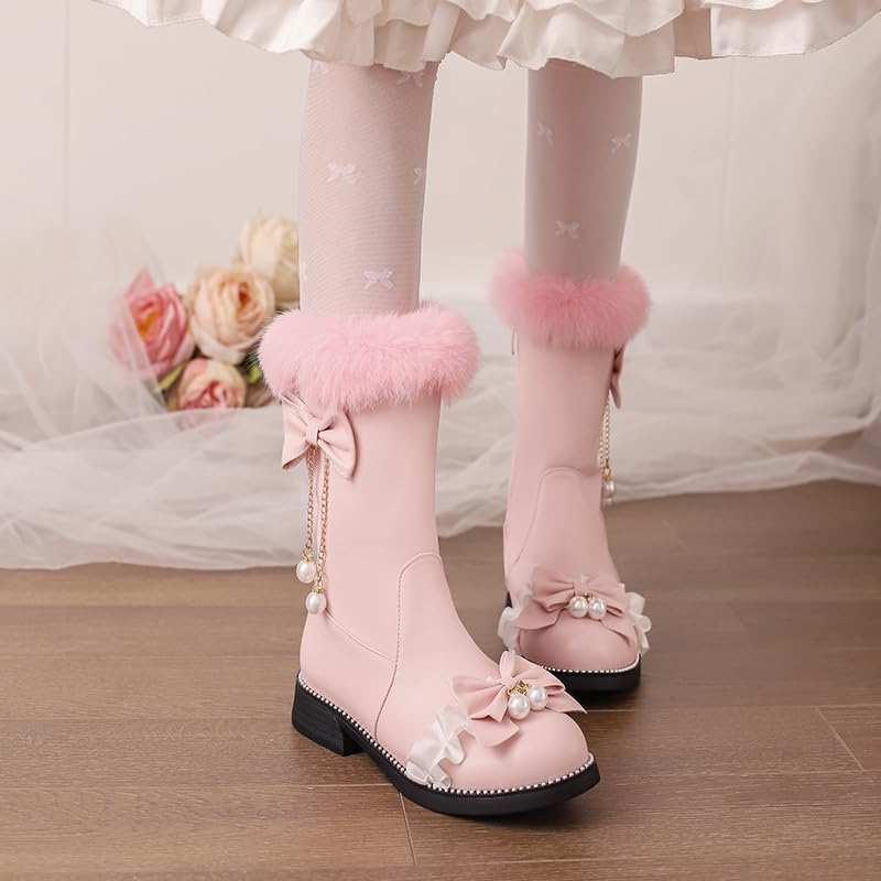 Caradise Women's Lolita Winter Boots Cute Bow Low Chunky Heel Mid Calf Warm Fur Lined Snow Short Boots with Zipper4