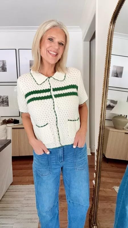 Yousify Womens Striped Short Sleeve Sweater Casual Knitted Button Down Crochet Cardigan Vintage Y2k Hollow-Out Tops2