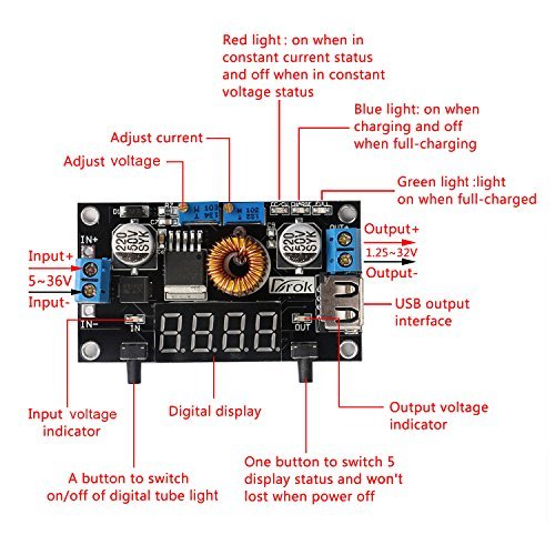 DROK® LM2596 DC Buck Volt Regulator 36V to 24V 12V 5V 3.3V 3V Converters Constant Volt&Amp 5-36V to 1.25-32V 5A 75W Step-Down LED Driver Switch Power Supply Digital LED Voltmeter USB Output