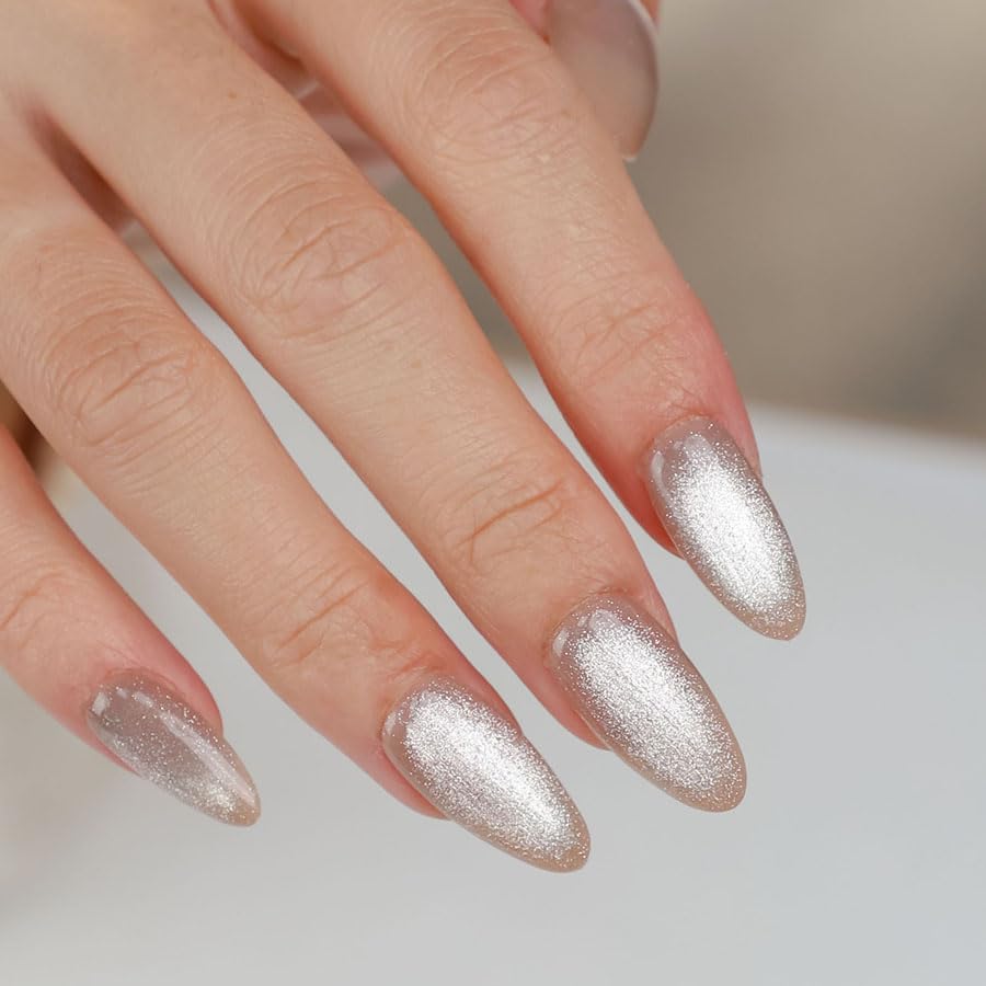 Press on Nails Medium,24pcs Anyos Almond Glossy Solid Fake Nails Full Cover Acrylic Glue on Nails for Women and Girls with 48pcs jelly gule and 1 nail gule (Almond White Glitter)