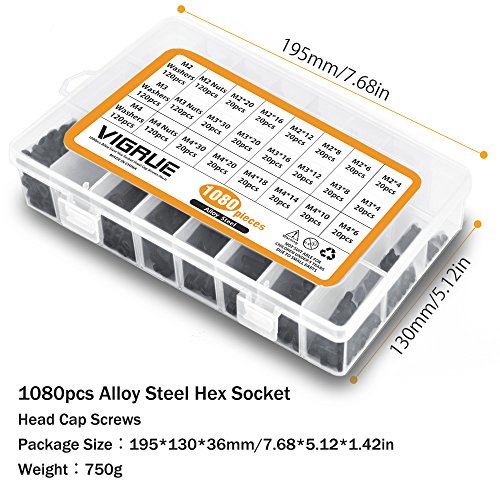 Vigrue 1080Pcs M4 M3 M2 Socket Head Cap Screws Bolts Nuts Washers Assortment Kit With Allen Wrenches, Small Metric Screws Set, Black Screws Class 12.9 Alloy Steel #TOP3