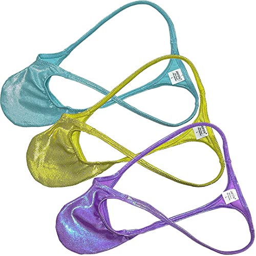 Orocojuco Mens Metallic Shiny String T-Back Underwear Enhancing Pouch Male Tiny Slip Bulge Beach Thong 3-Pack(Light Blue, Yellow, Light Purple) M #TOP26