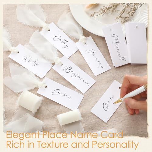 Humyoun 50 Pcs Name Place Cards for Table Setting Blank Wedding Place Cards with Chiffon Ribbon 1.57 x 3.54 Inch Hanging Gift Tags for Wedding Dinner Banquet Party Table Setting Supplies(Ivory)