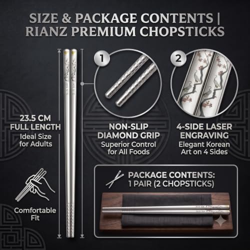Image of RIANZ 304 Stainless Steel Korean Chopsticks 23.5 cm, Laser Engraved, 1 Pair