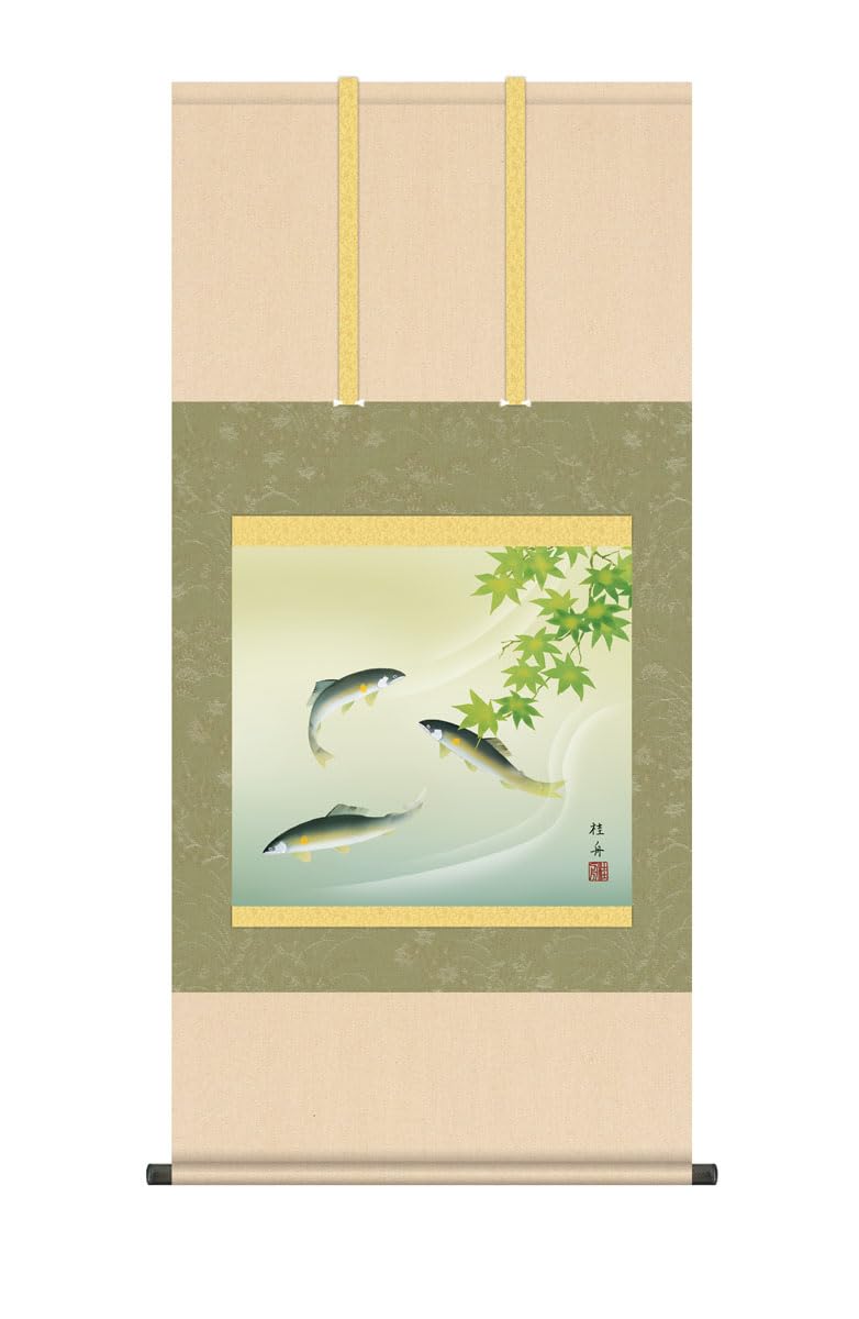 Amazon.co.jp: 掛け軸 掛軸 夏掛け 花鳥画 「楓に鮎」 長江桂舟 尺五