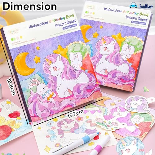 Image of FunBlast Watercolor Painting Book Set - DIY Graffiti Coloring Note-Book with Watercolor Gouache Brush, Creative Cartoon Coloring Books, Dip Water to Paint Painting Set for Kids, Boys, Girls, Childrens (Unicorn)