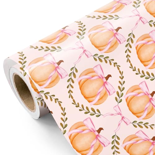 WRAPAHOLIC Pumpkin Wrapping Paper Roll - Mini Roll - 17 Inch x 16.5 Feet - Pumpkin and Pink Coquette Ribbon Bow Wrapping Paper for Autumn Thanksgiving Halloween Women Girls Birthday