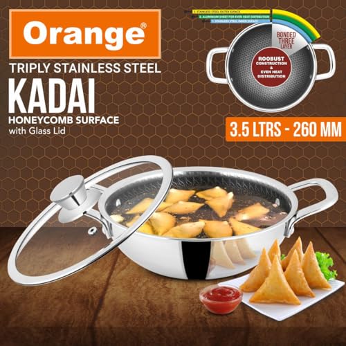 Image of Orange Triply Stainless Steel Honeycomb Non-Stick Deep Kadai /Kadhai with Glass Lid (3.5Ltr, 26cm) | Induction & Gas Stove Capatible | Metal Spoon Friendly | 2.5mm Thickness | 5Year Warranty