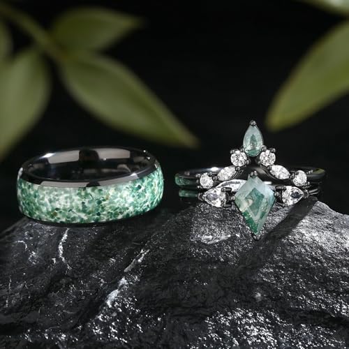 Moss Agate Wedding Ring Set - Moss Agate Ring for Woman - Unique Couple Rings - Custom Promise Ring for Her - 2 Pc Woman's Matching Rings4