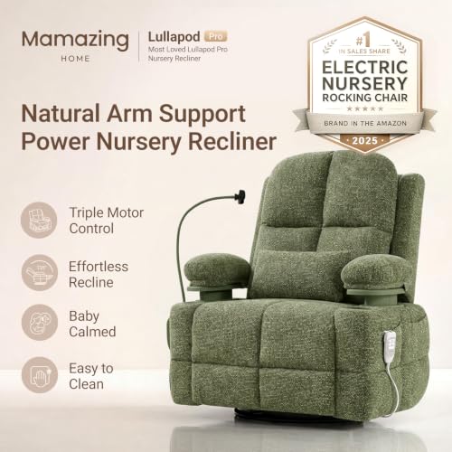 Image of MAMAZING Lullapod Power Nursery Rocking Chair with HugAssist Armrest | Triple Motor Power Nursing Recliner with 270 Swivel Glider & Quiet Rocking, Dual Charging Ports & Built-In Storage